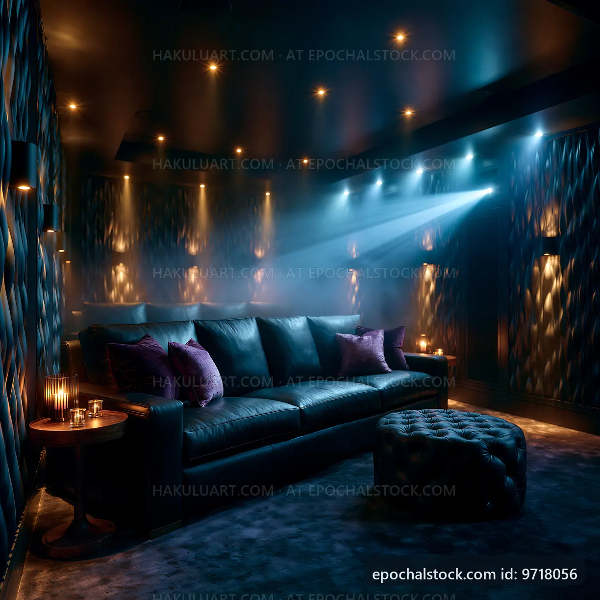 Luxury home theater with cozy seating and soft lighting