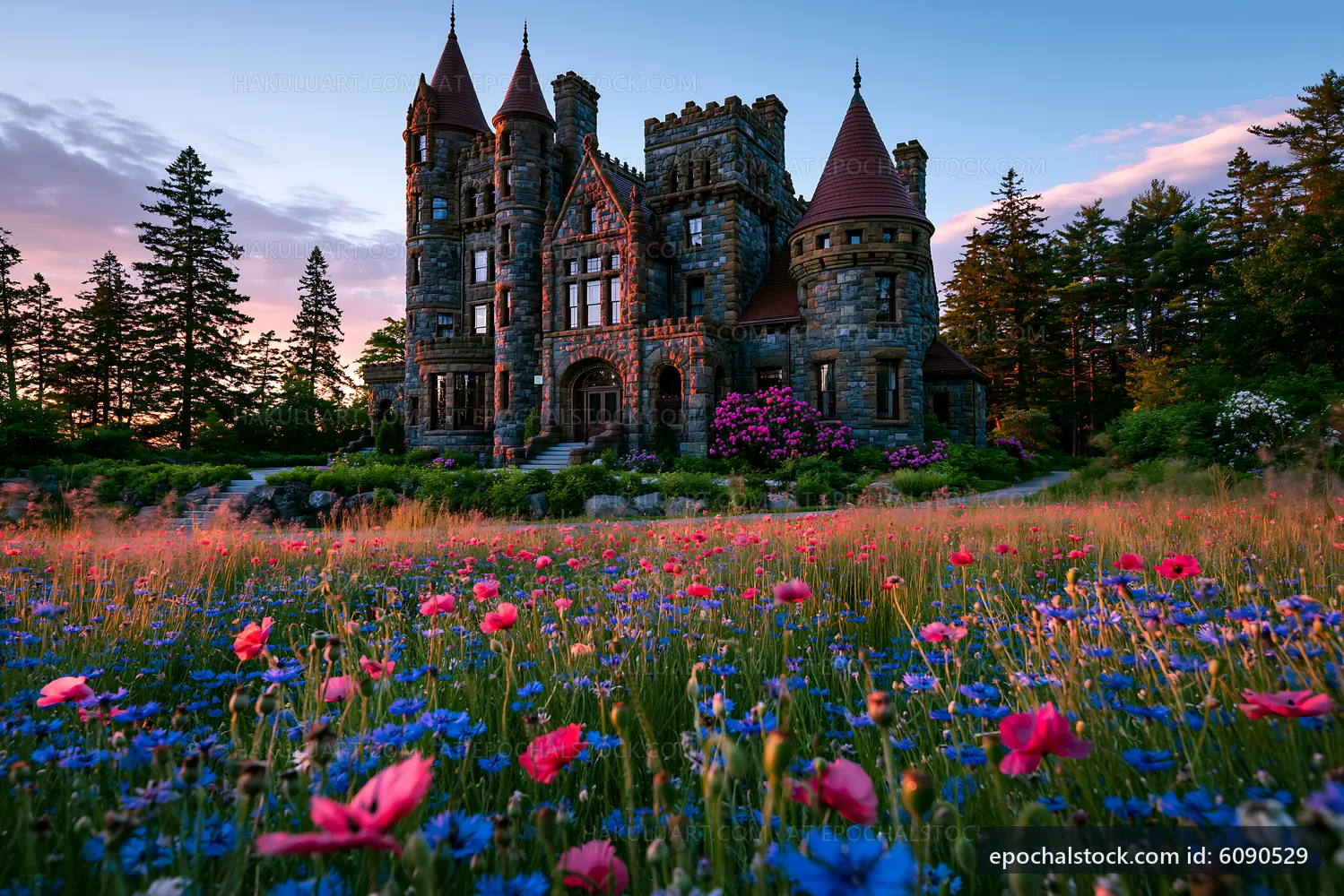 Castle surrounded by wildflowers in a sunset scene