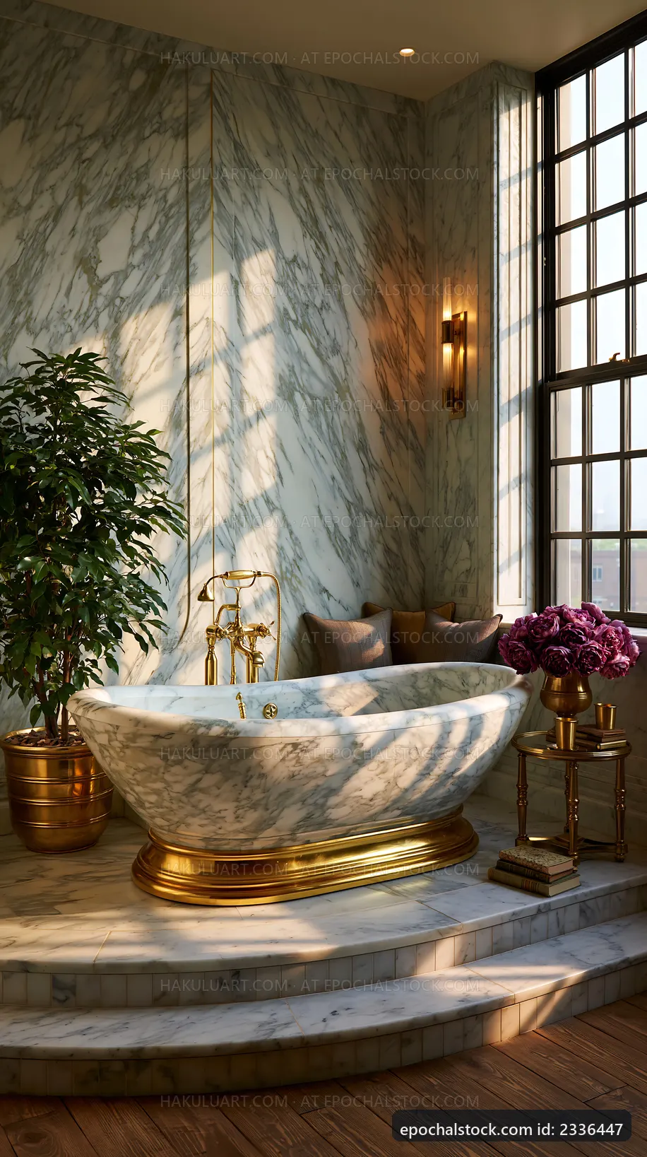 Elegant marble bathtub in a bright bathroom with large windows