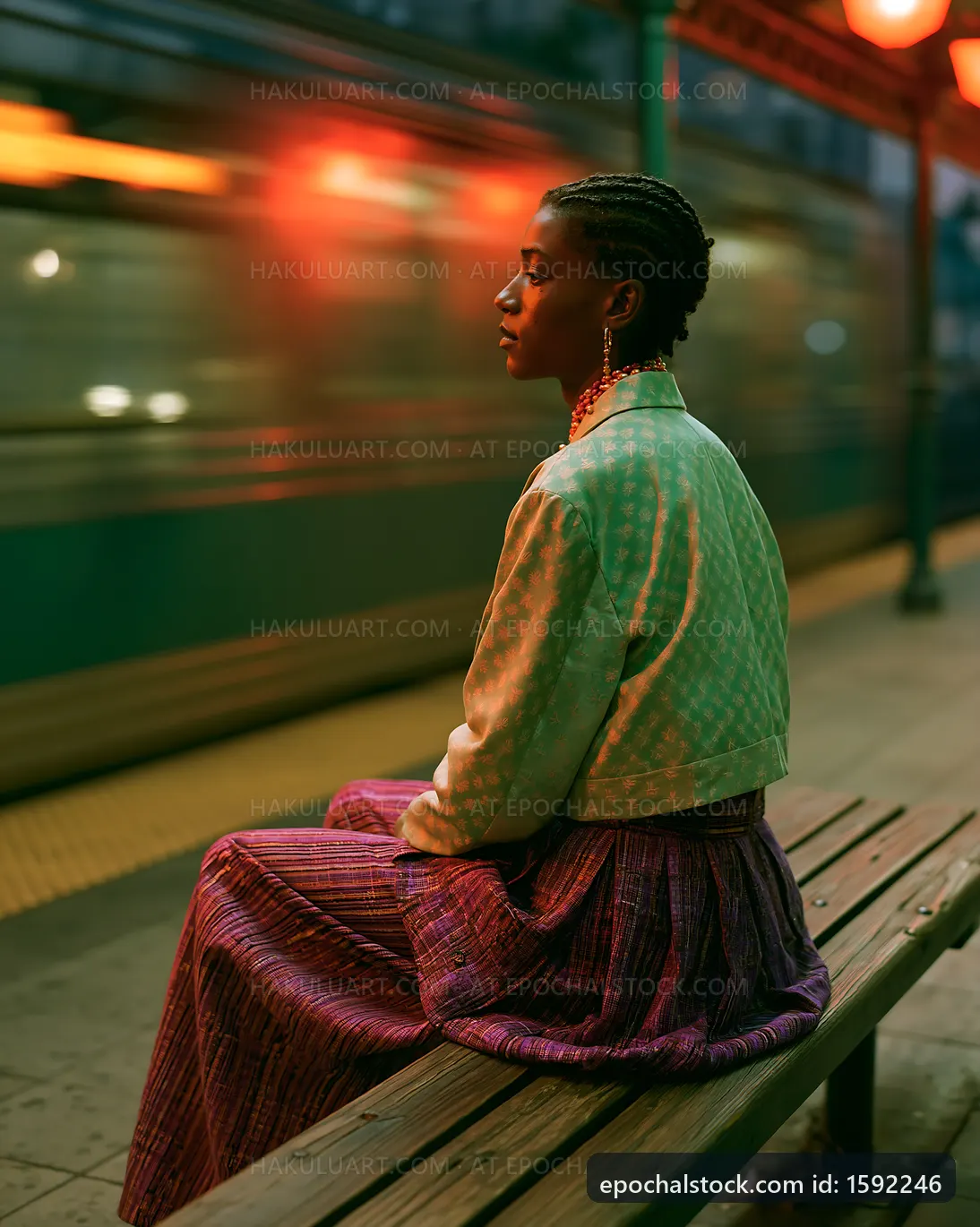 Woman sitting on a bench at a subway station during evening hours