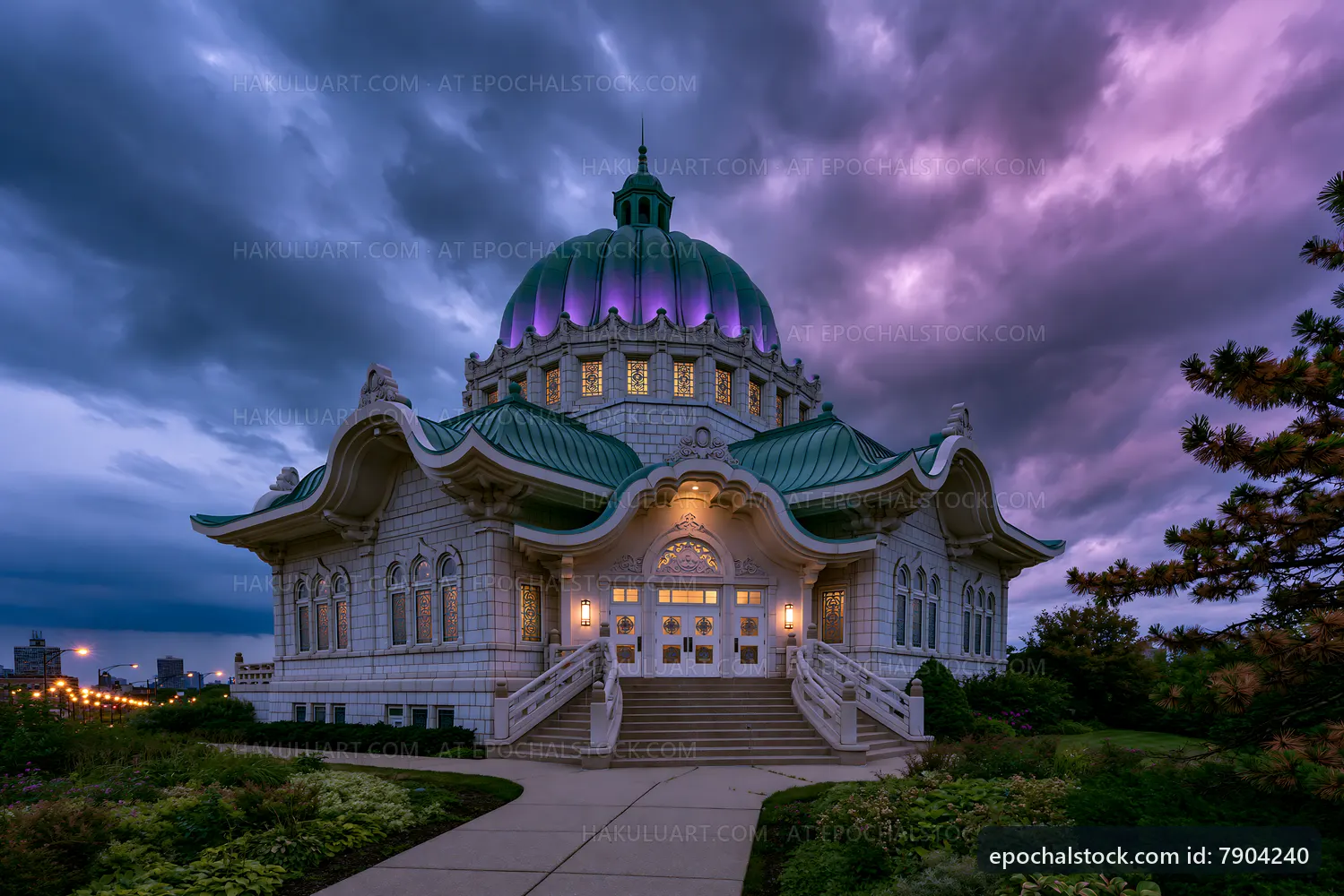 Historic building with green dome under purple clouds at dusk