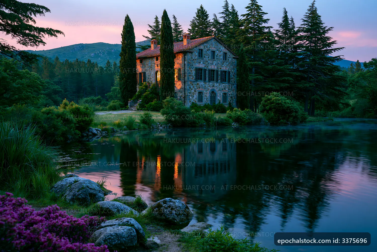 Historic stone house beside a calm lake at sunset