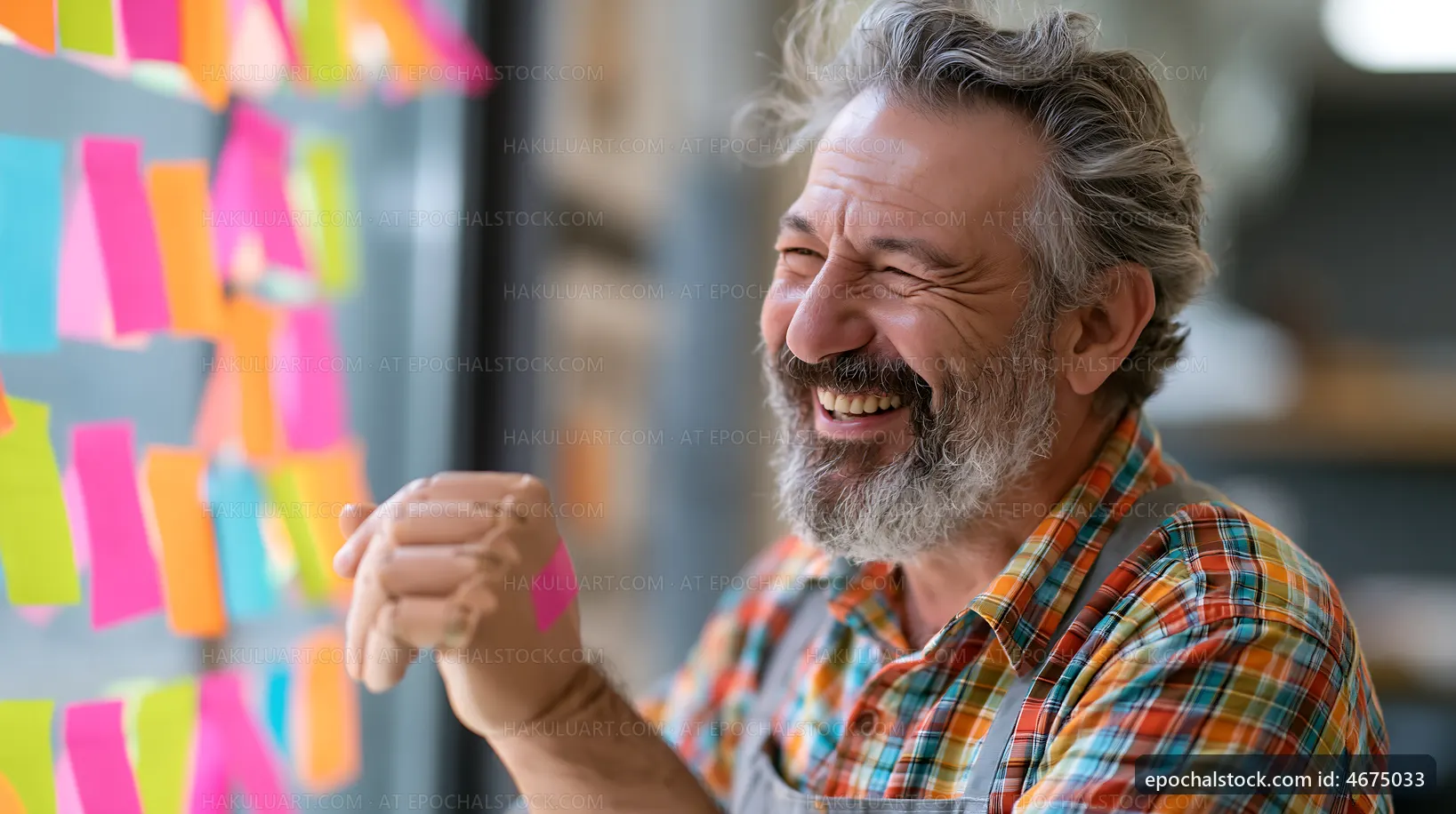 Smiling man during brainstorming session with sticky notes