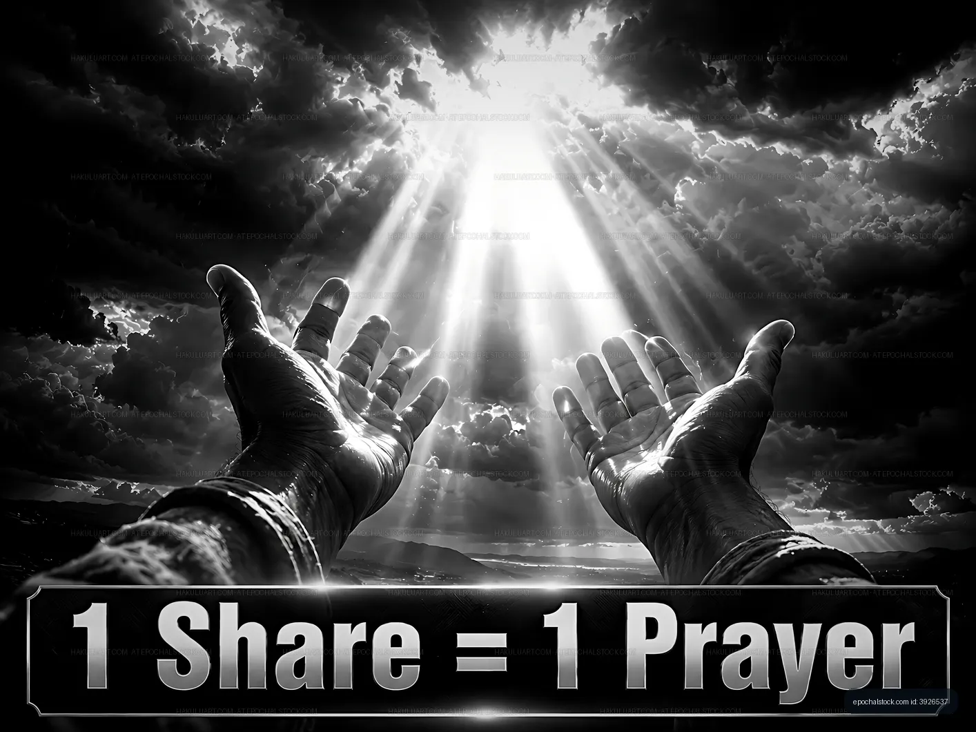 Hands reaching toward light with message of prayer
