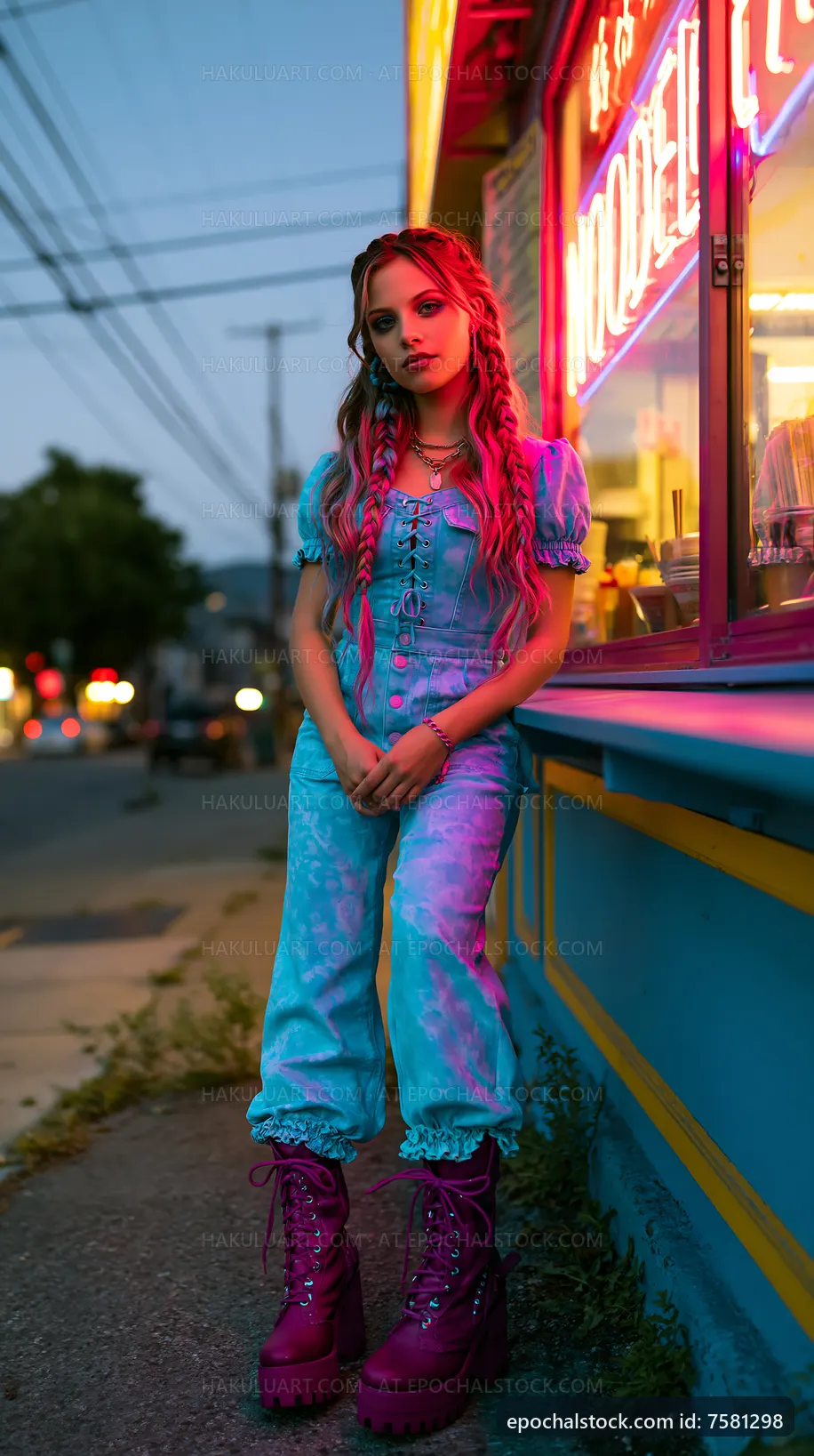 Fashionable young woman in colorful outfit near food stand at dusk