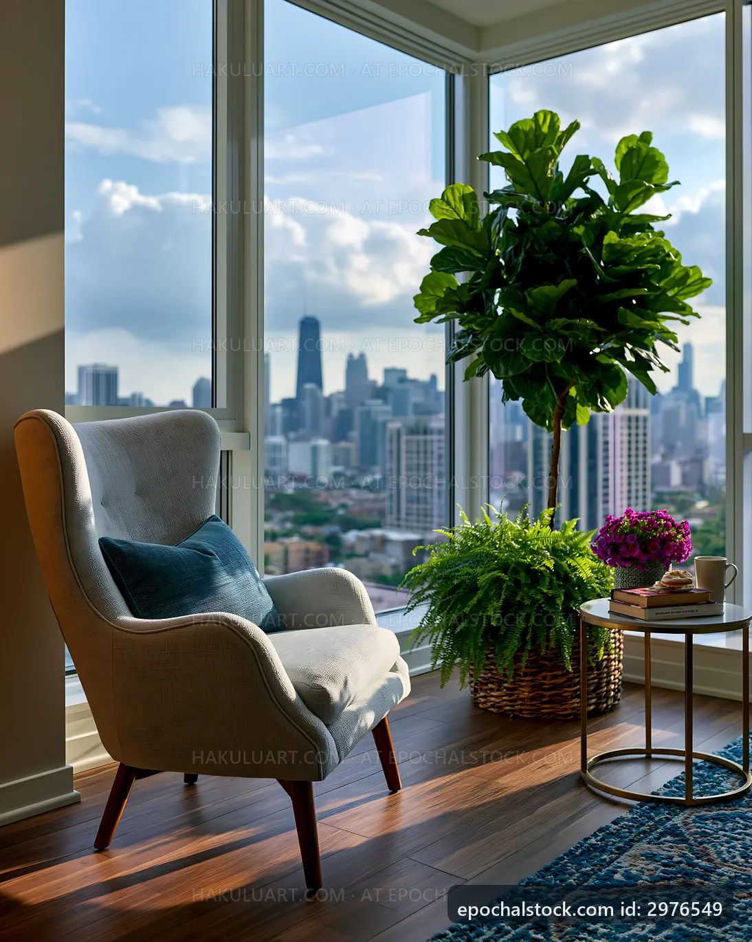 Cozy corner with a chair and plants in a city view setting