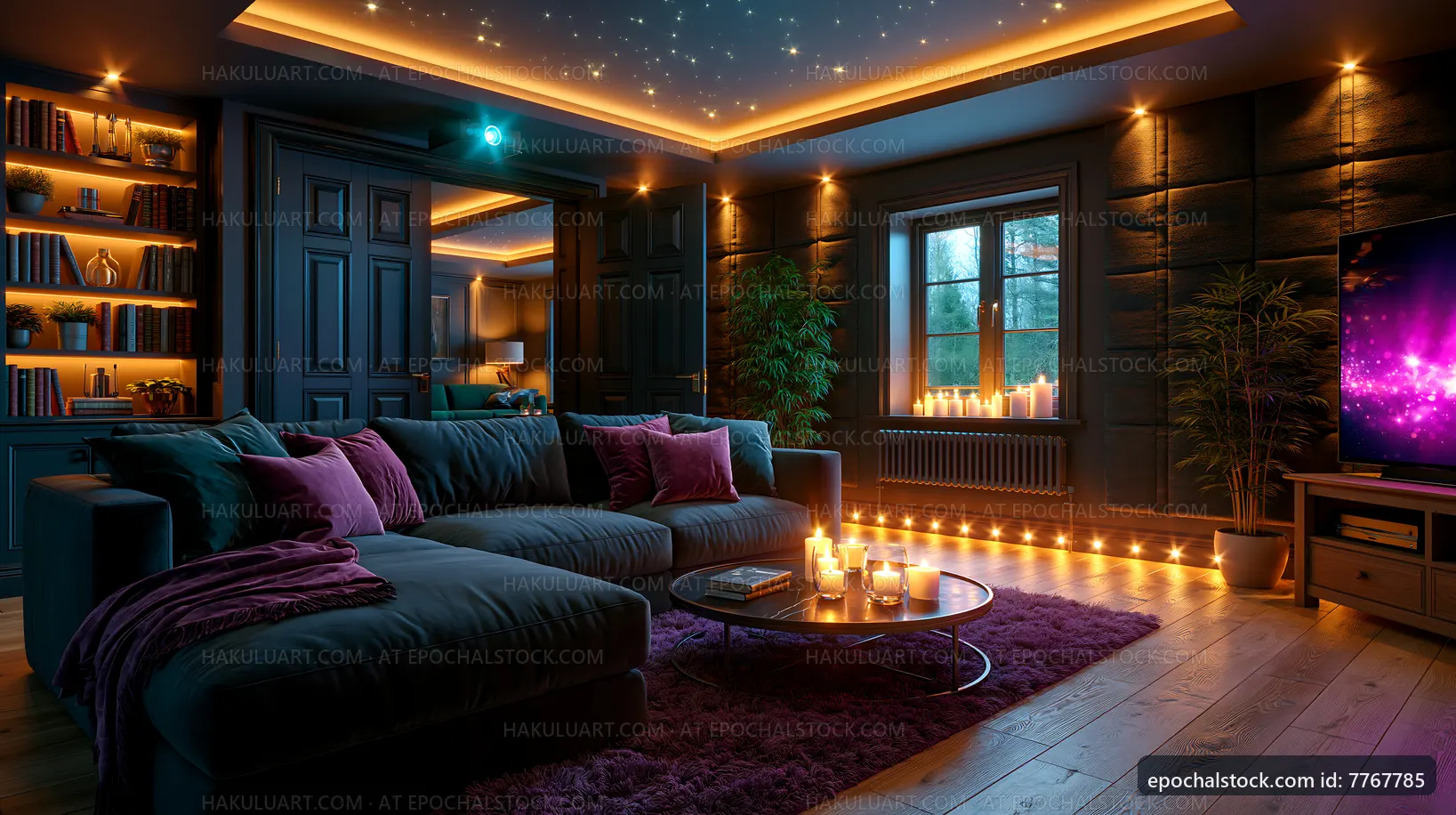 Modern living room with cozy decor and dim lighting