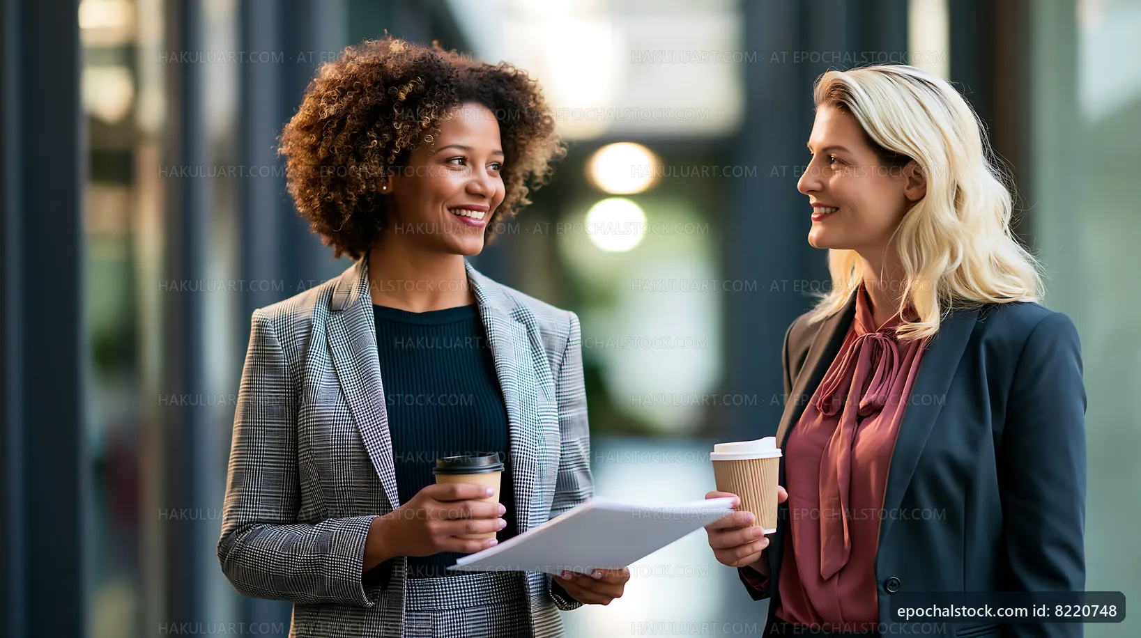 Businesswomen having a conversation with coffee in an office setting