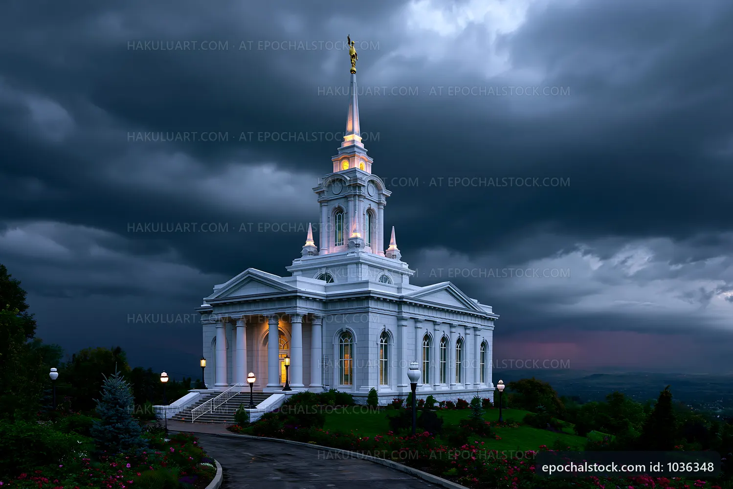 White church building under dark stormy sky