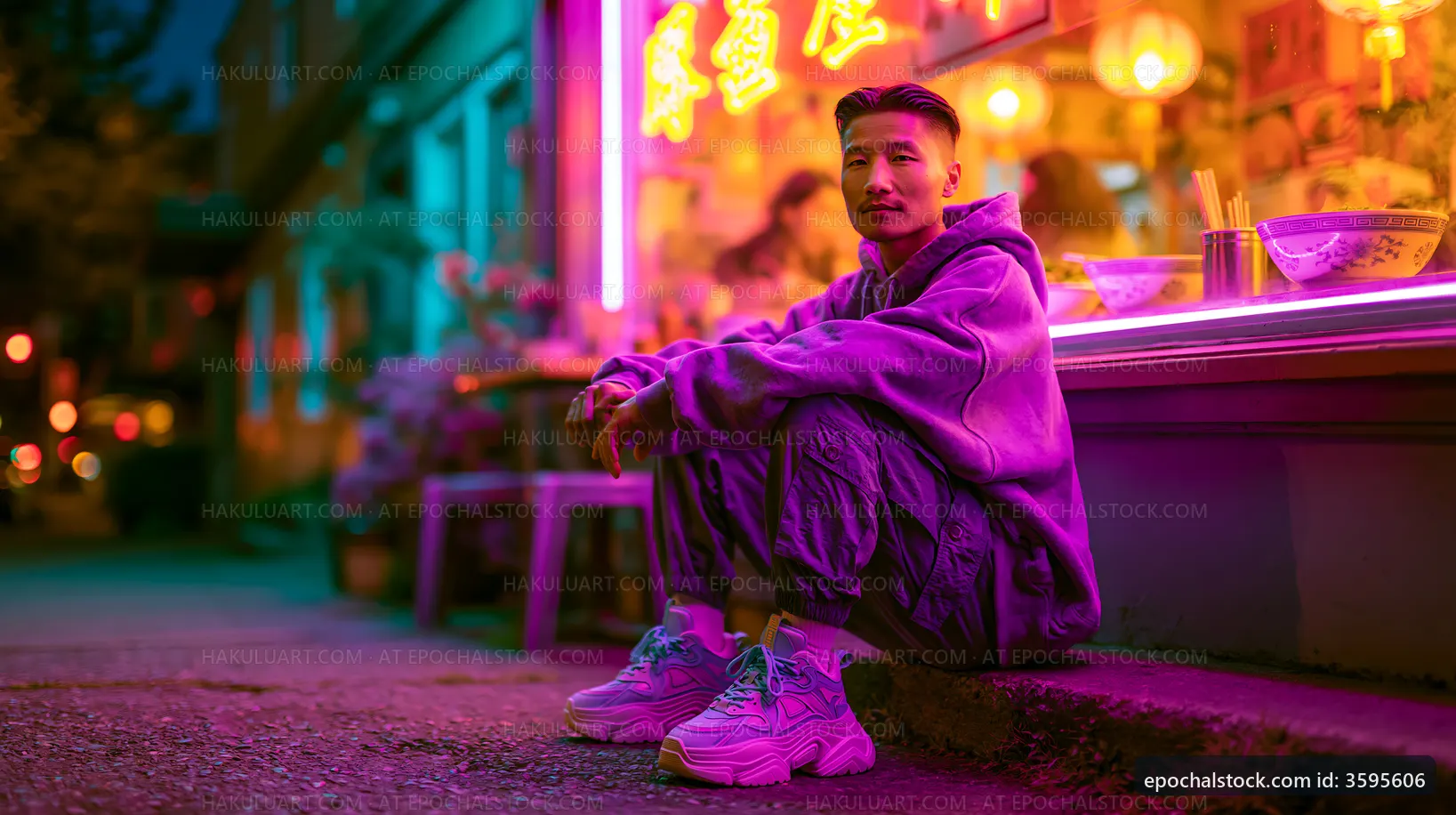 Young man sitting on street at night near restaurant with neon lights