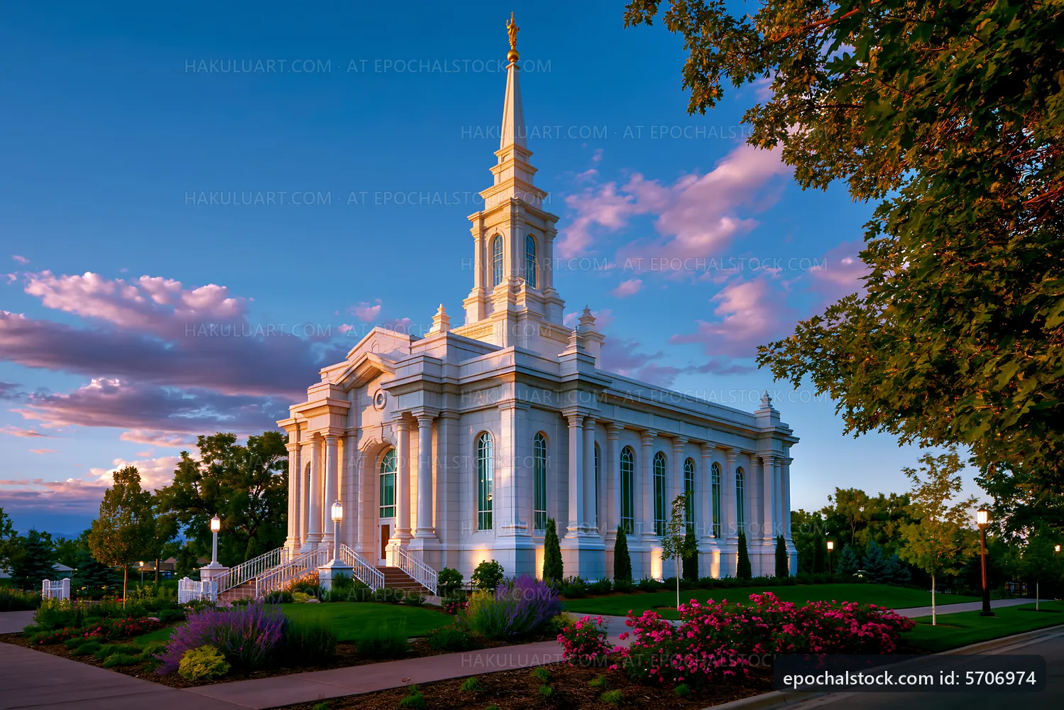 Beautiful church building at sunset with clear sky and flowers