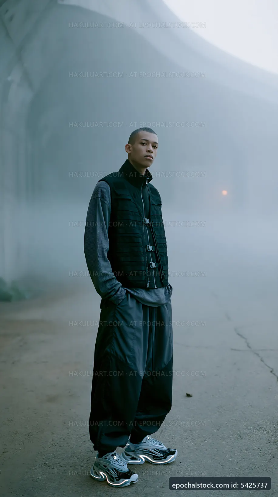 Man in stylish outfit stands in foggy urban setting