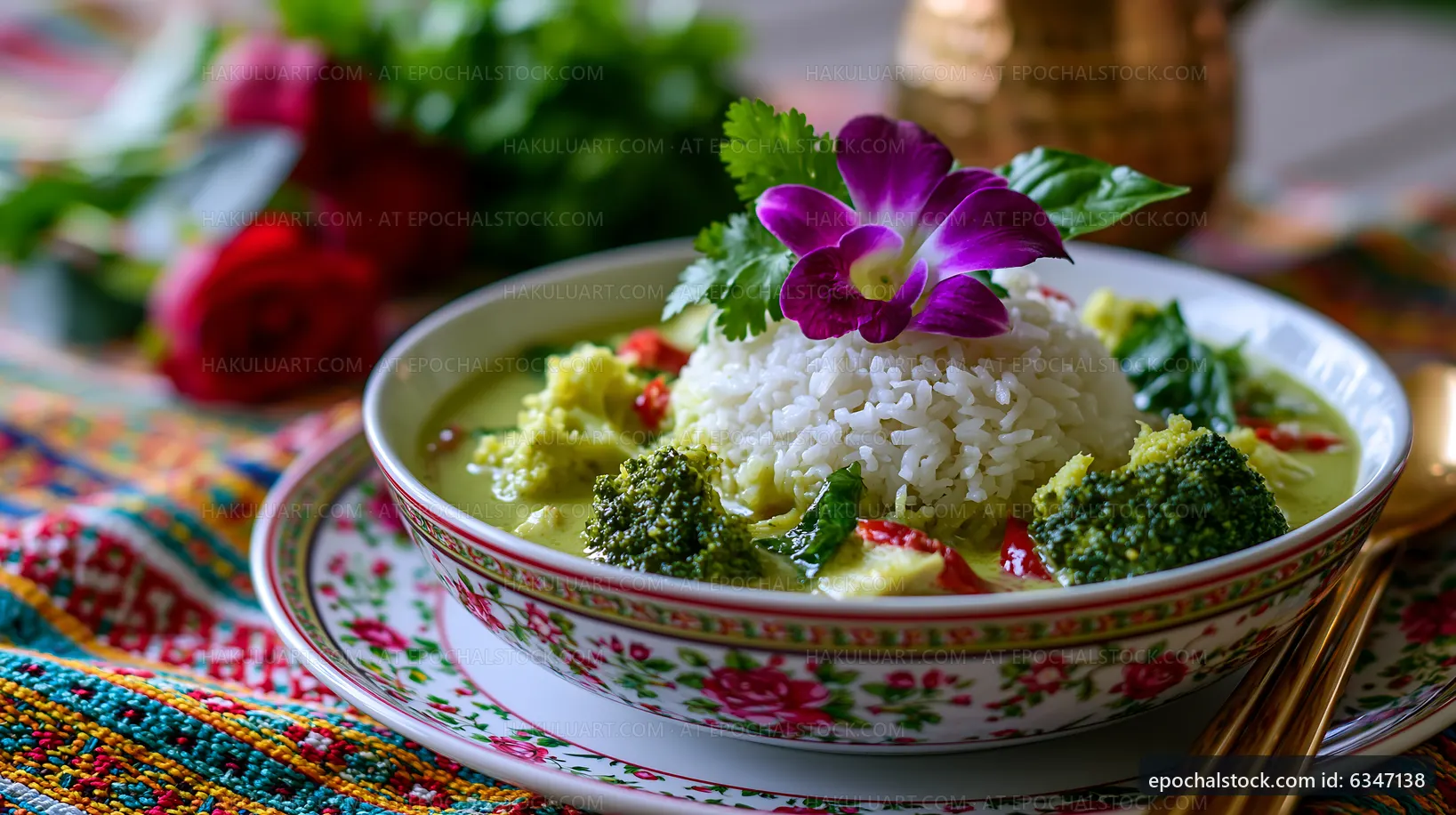 Delicious green curry with rice and fresh herbs in a bowl