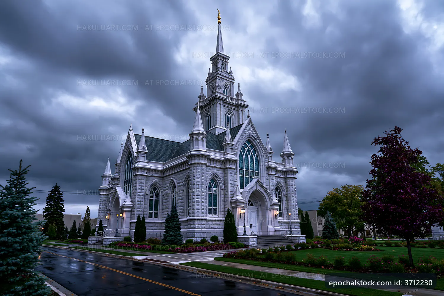 Cloudy sky over a large church building in a quiet neighborhood