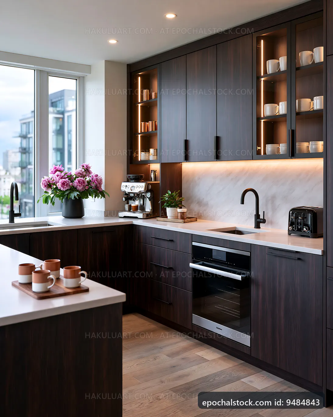 Modern kitchen with dark cabinets and natural light