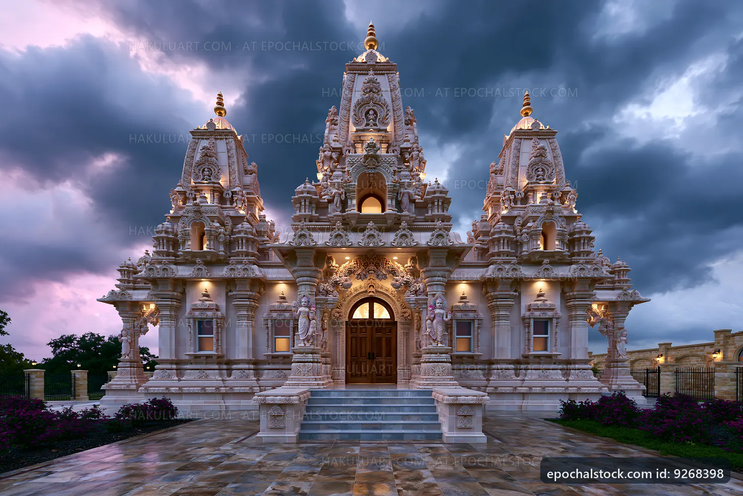 Hindu temple building with intricate design and scenic background