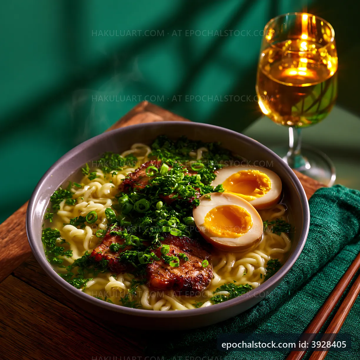Noodles with grilled meat, egg, and greens in a bowl