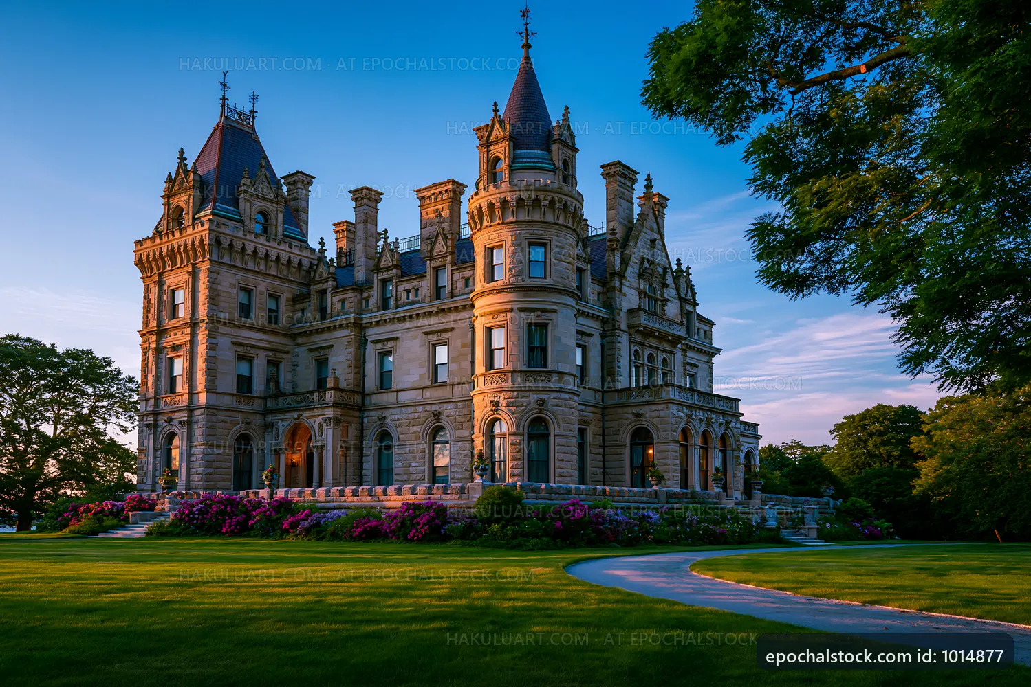 Historic mansion surrounded by lush gardens and blue sky