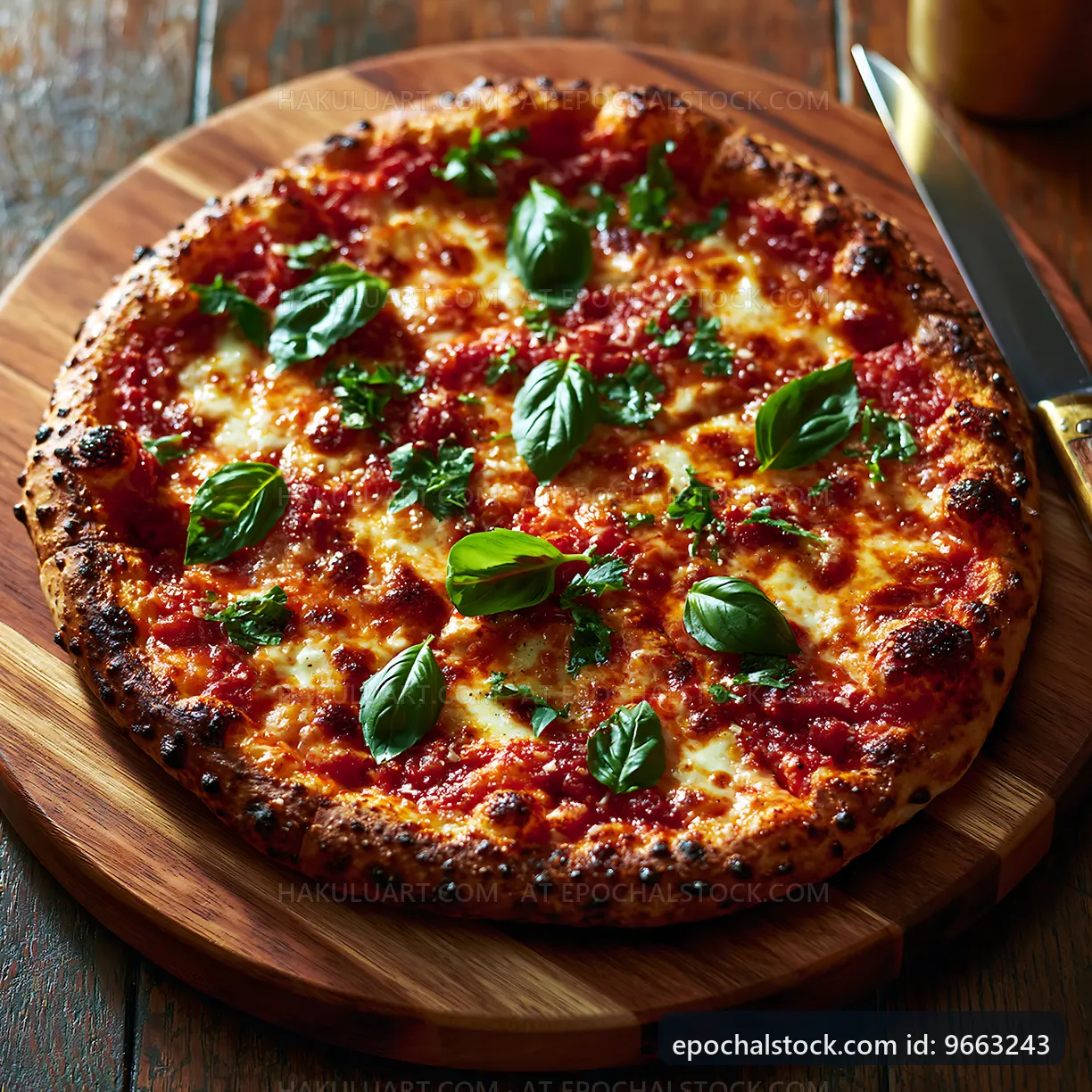 Freshly baked margherita pizza on wooden serving board
