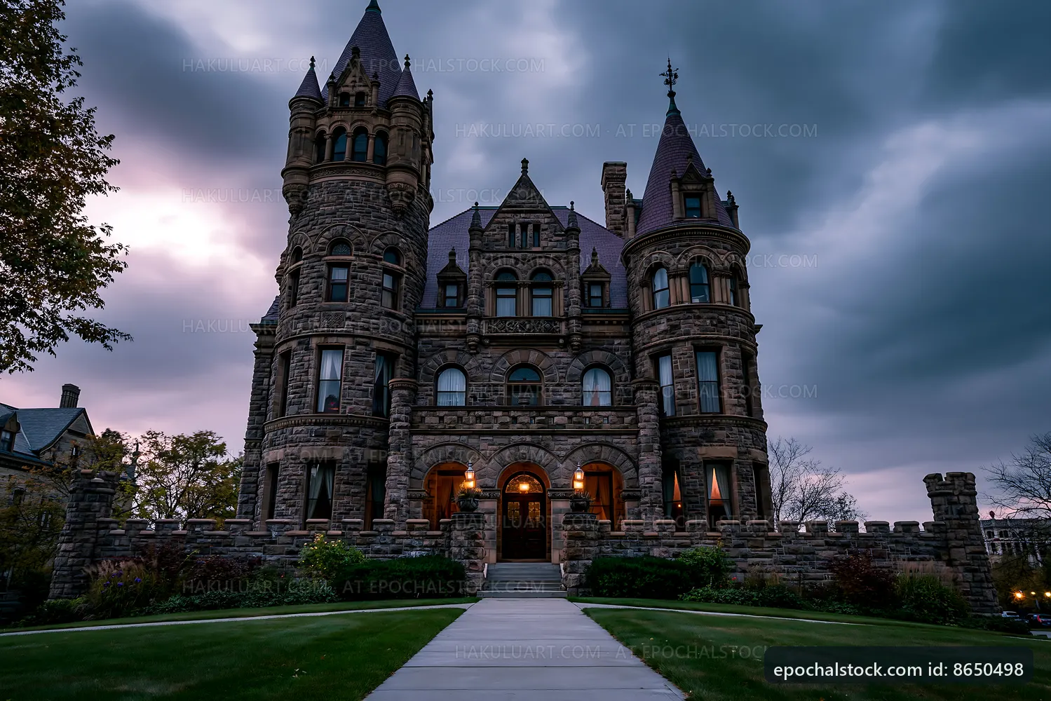 Historic stone mansion under cloudy sky