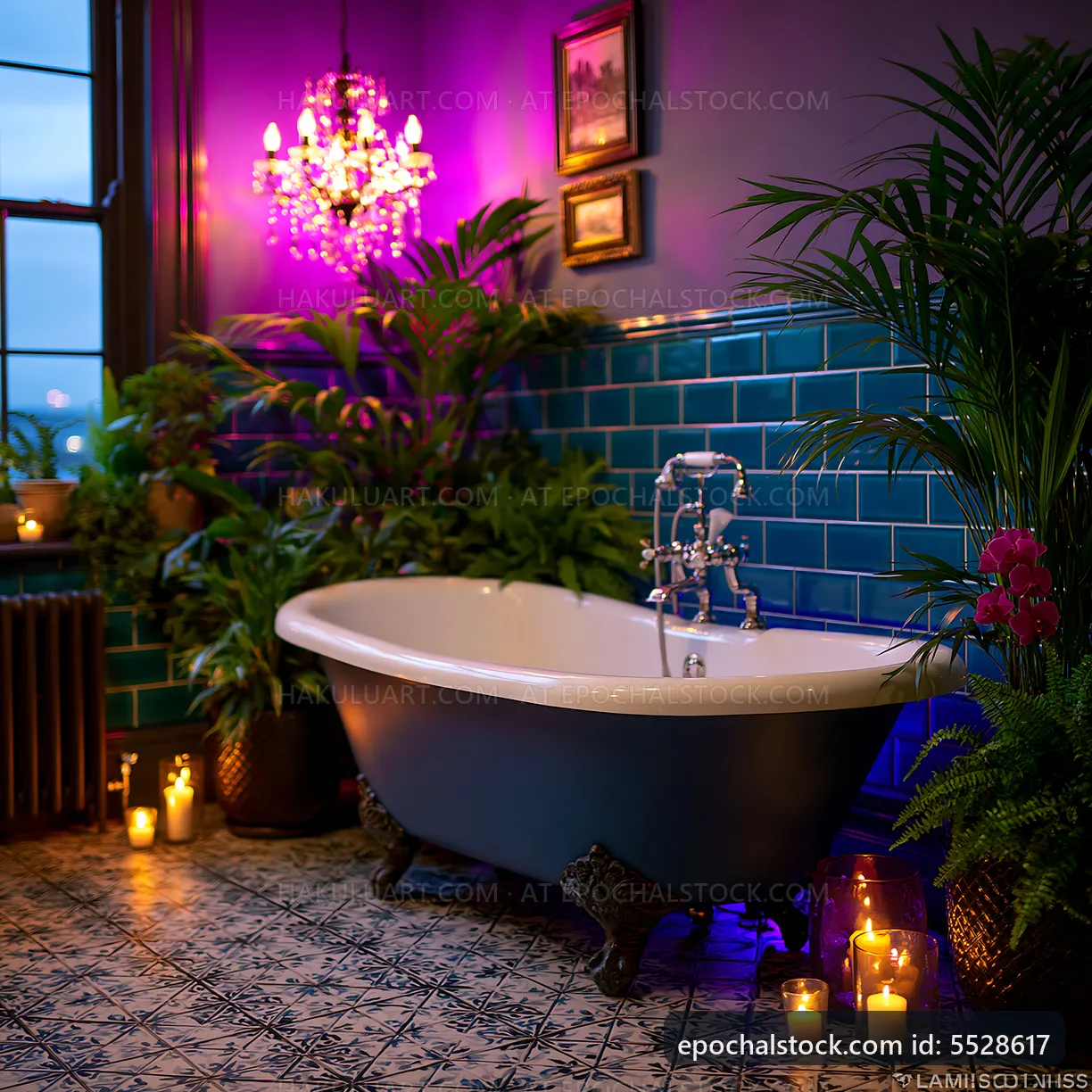 Elegant bathroom with plants and candles at sunset