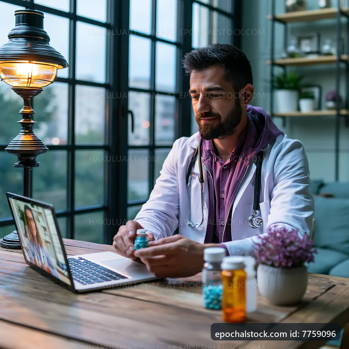 Doctor consulting online while organizing medication at home