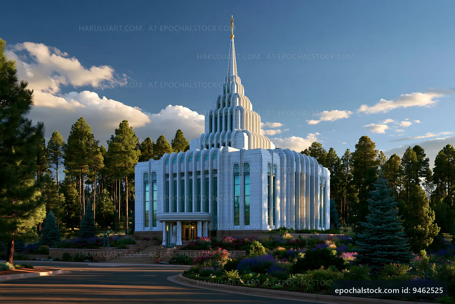 Modern temple structure surrounded by trees and blue sky
