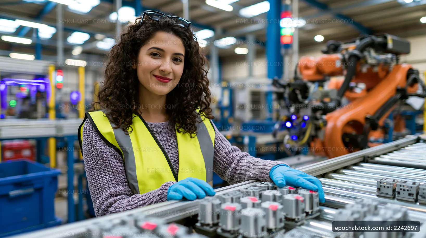 Woman working in a factory with robotic arms in the background