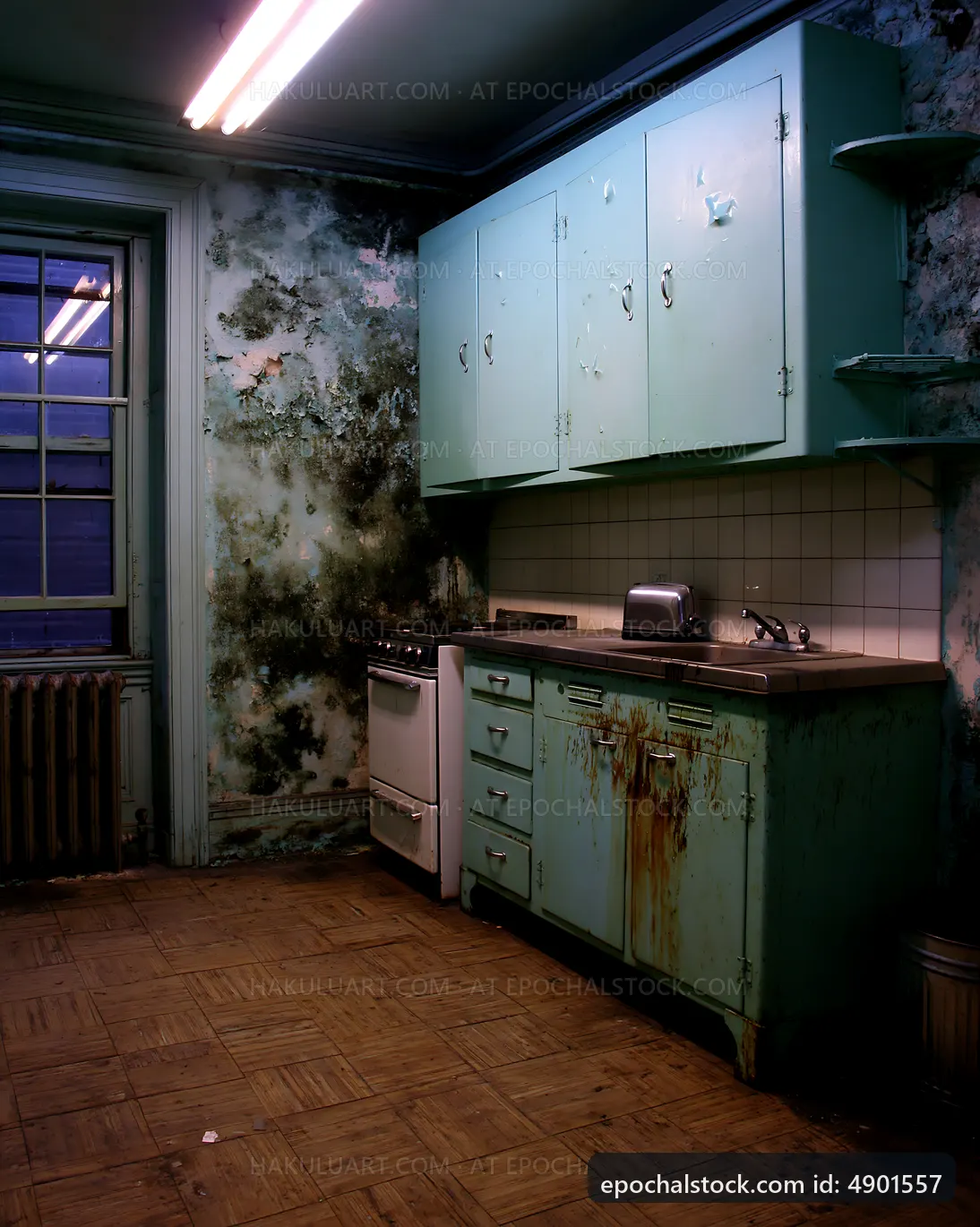 Old kitchen with peeling paint and mold in a dimly lit room