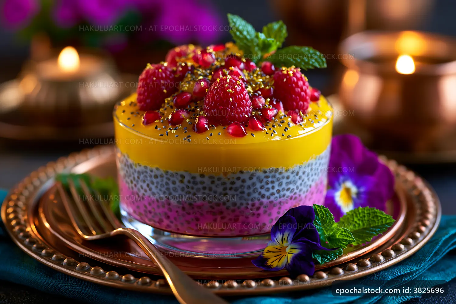 Layered dessert with fruits and seeds in a glass bowl