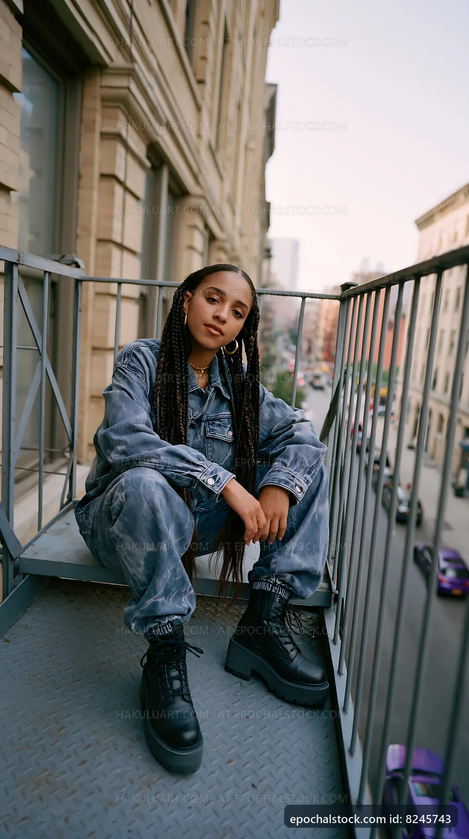 Young woman with braided hair sitting on balcony in urban setting