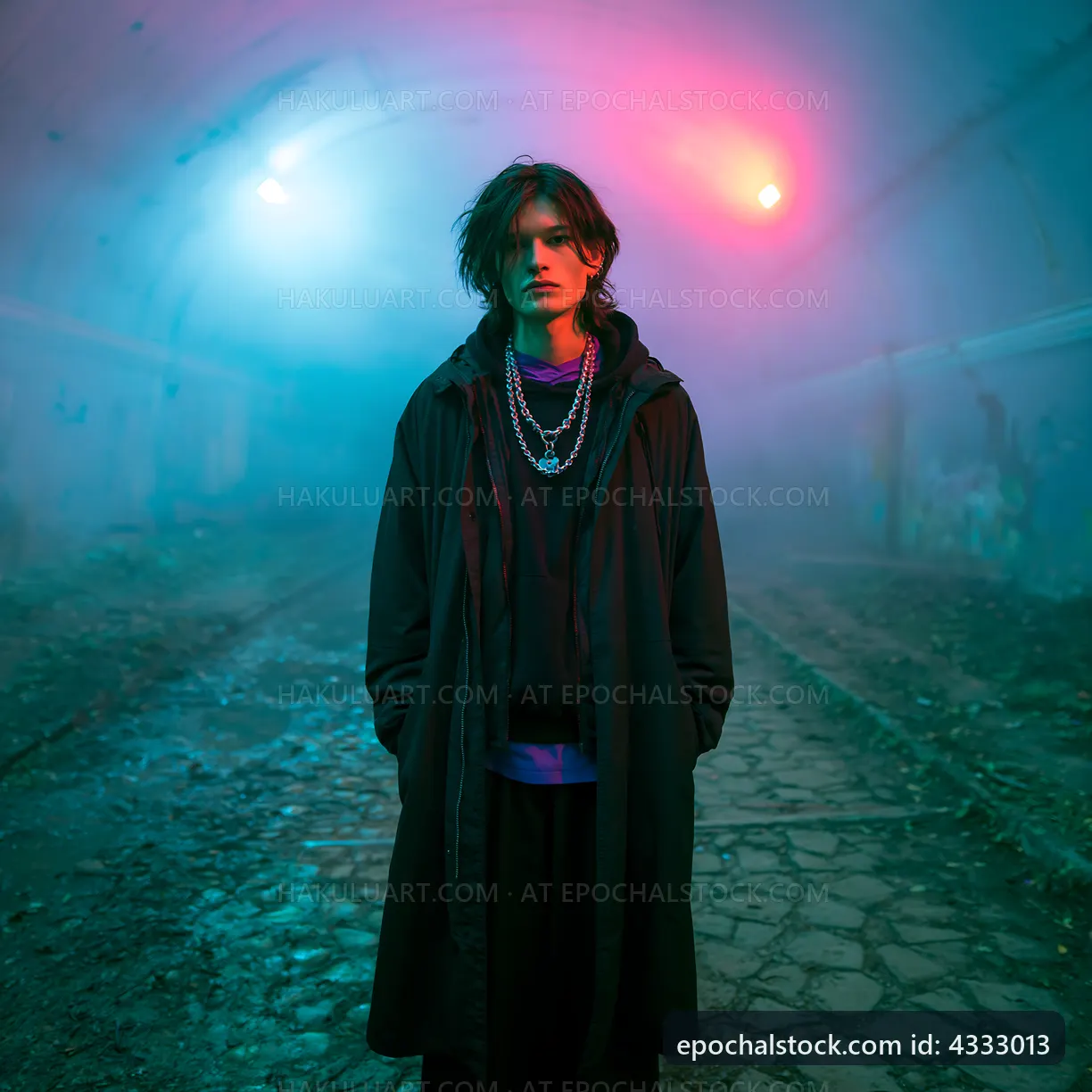 Model standing in a foggy tunnel with colorful lights
