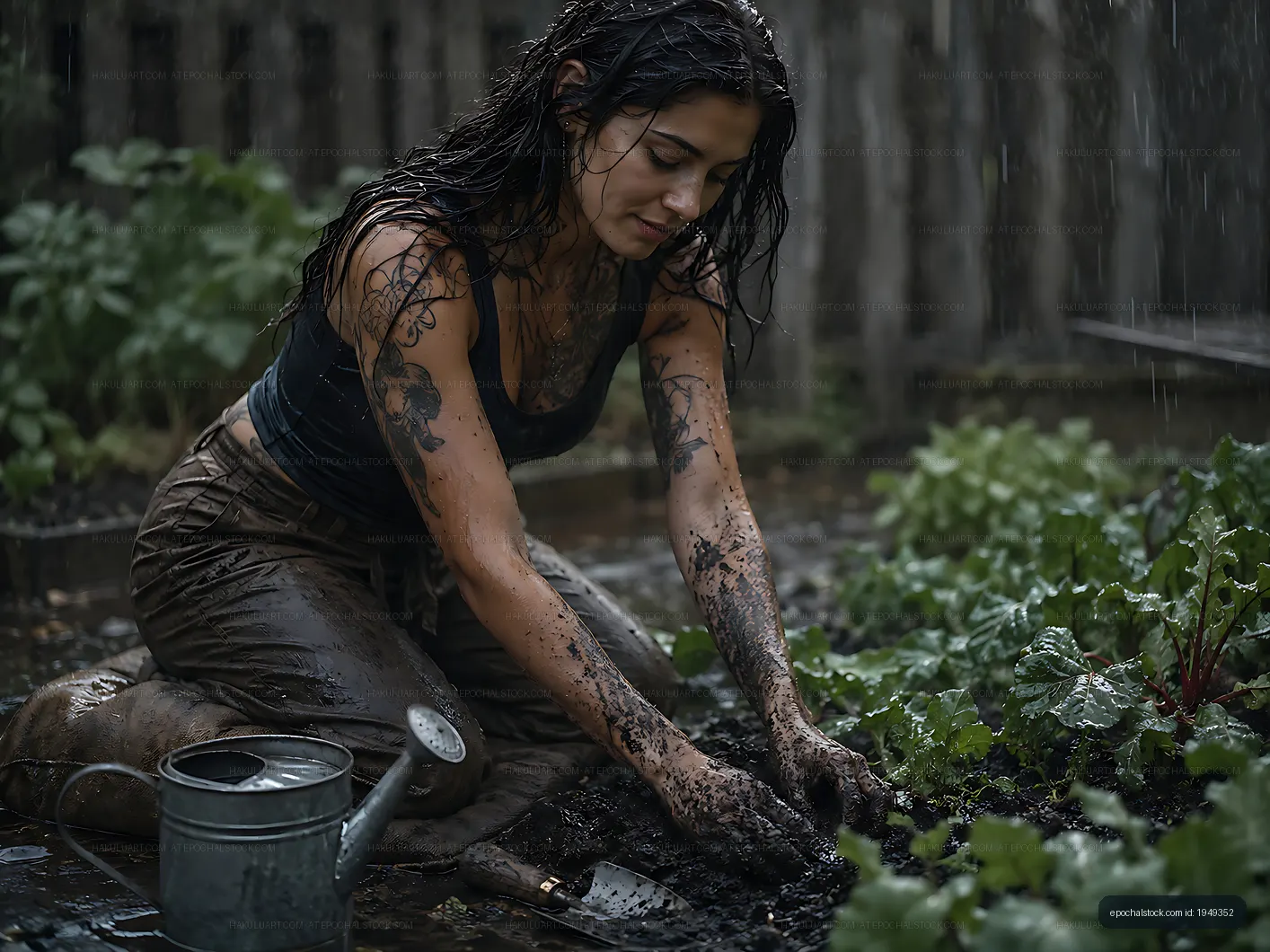 Woman working in garden during rain
