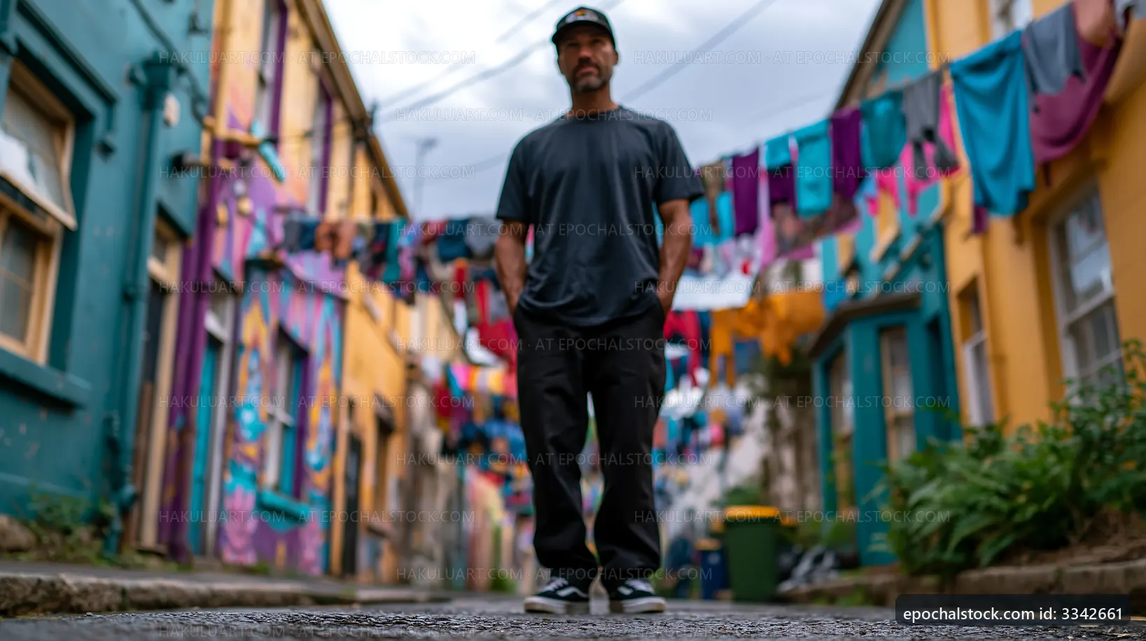 Man walking in colorful alley with clothes hanging in daylight