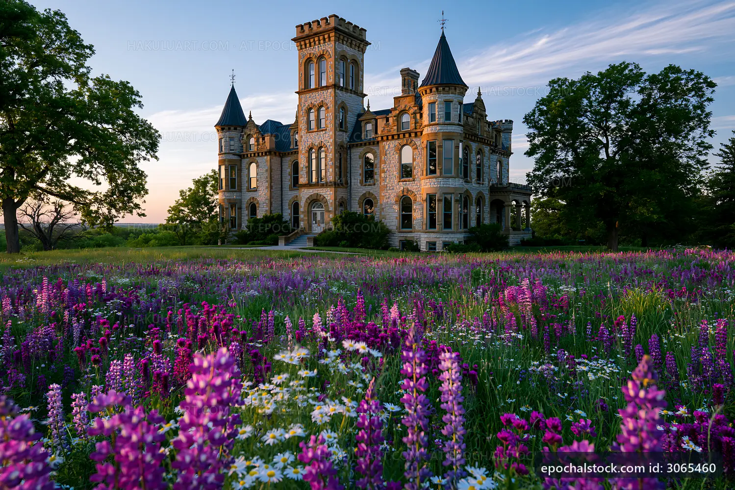 Historic mansion surrounded by wildflowers at sunset