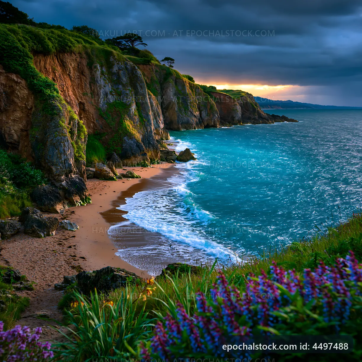 Coastal cliffside view with waves and colorful flowers