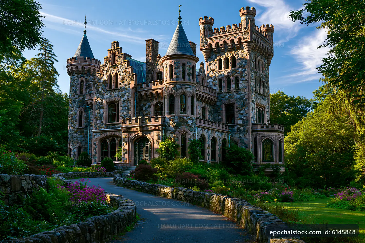 Castle built with stone and decorative towers in a garden