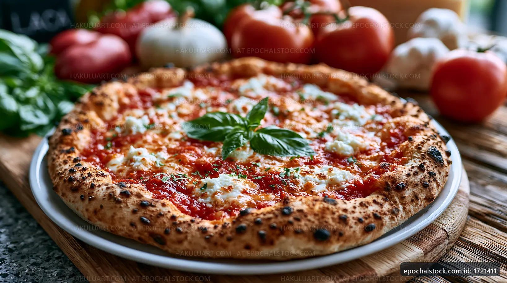 Fresh pizza with basil and cheese on a wooden table