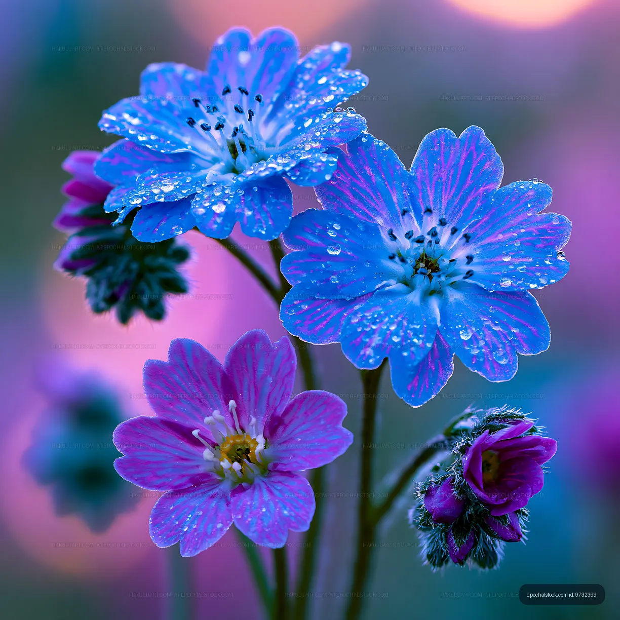 Colorful flowers with dew drops in a garden setting