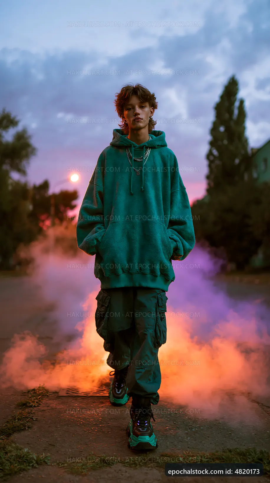 Young person walking through colorful smoke at sunset