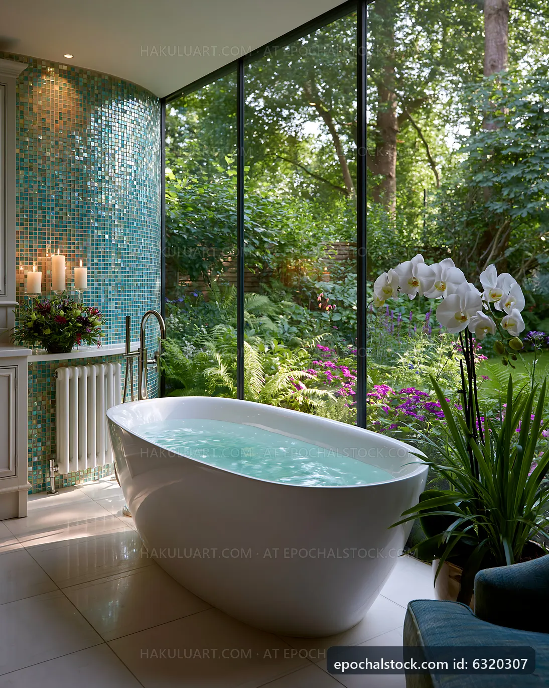 Modern bathroom with a freestanding tub and garden view