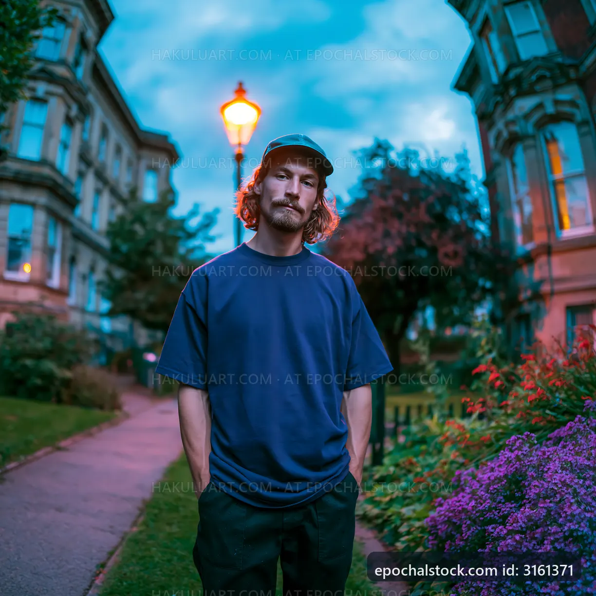 Man standing on a path near buildings with streetlight at dusk