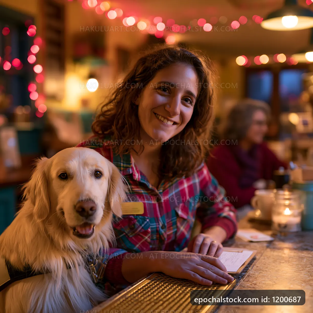 Woman and dog at cozy cafe bar during evening