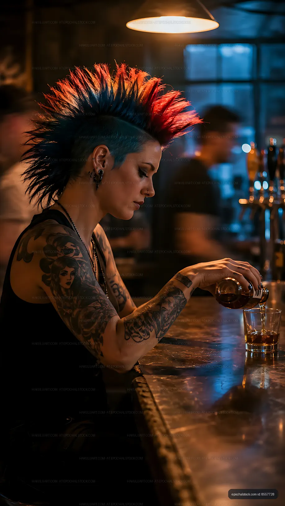 Woman with tattoos and mohawk hairstyle pours drink at bar