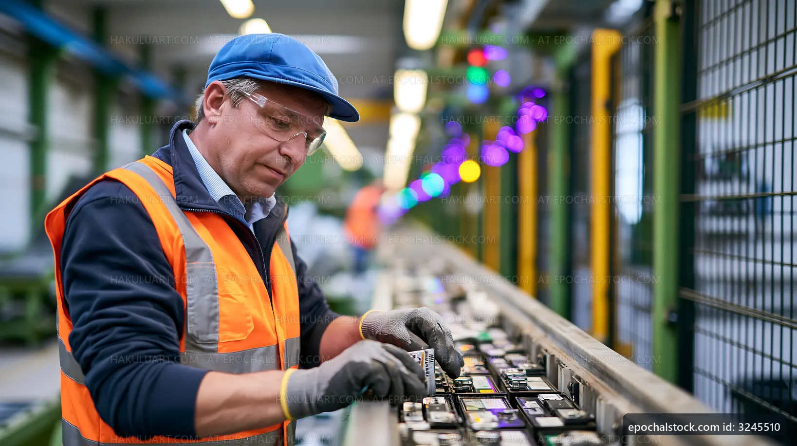 Worker assembling components in a factory setting