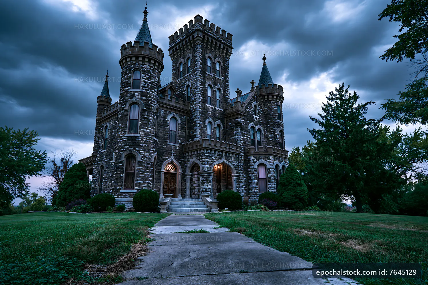 Historic stone castle under dark, cloudy sky