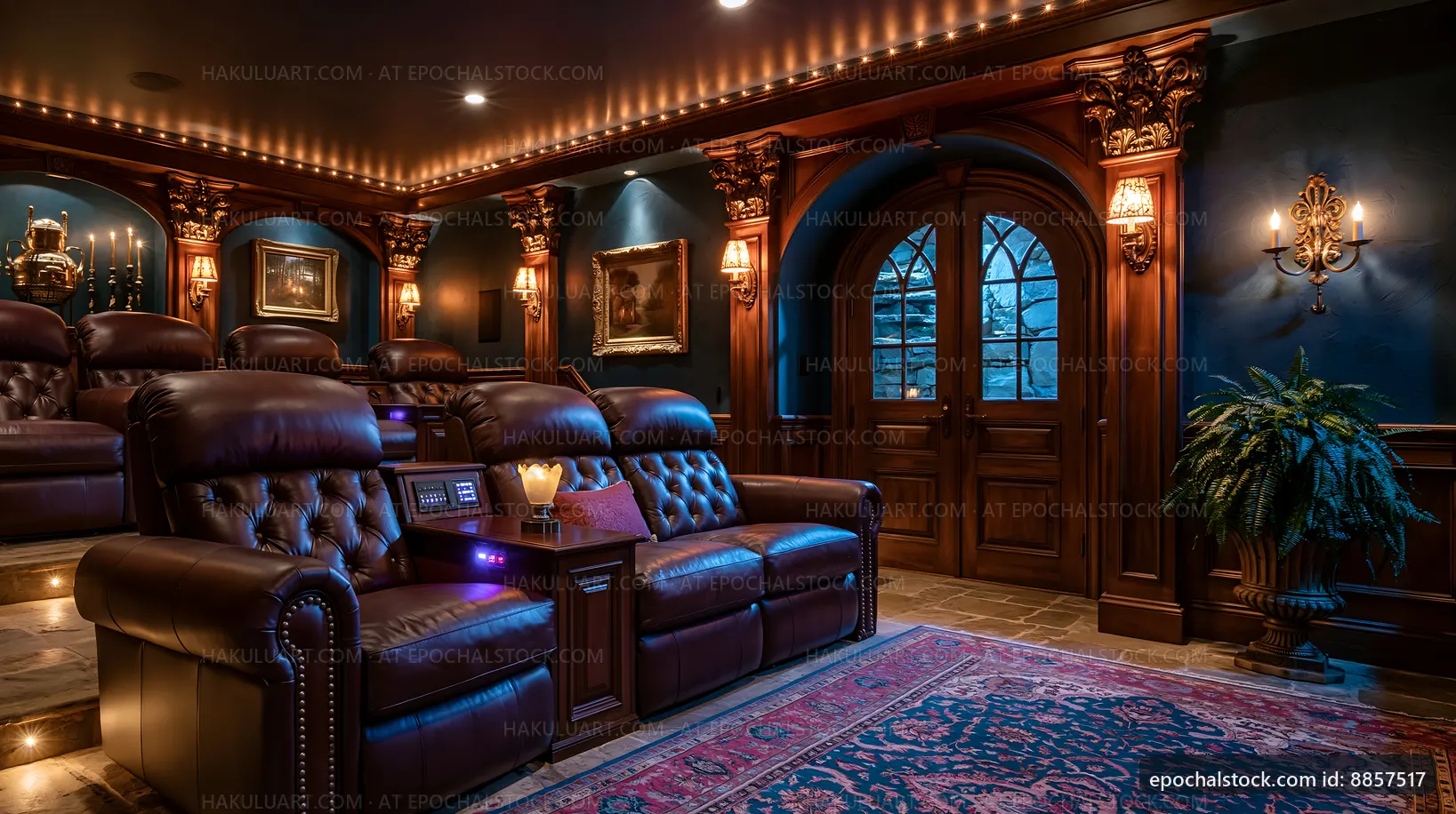 Home theater with leather seating and elegant decor at night