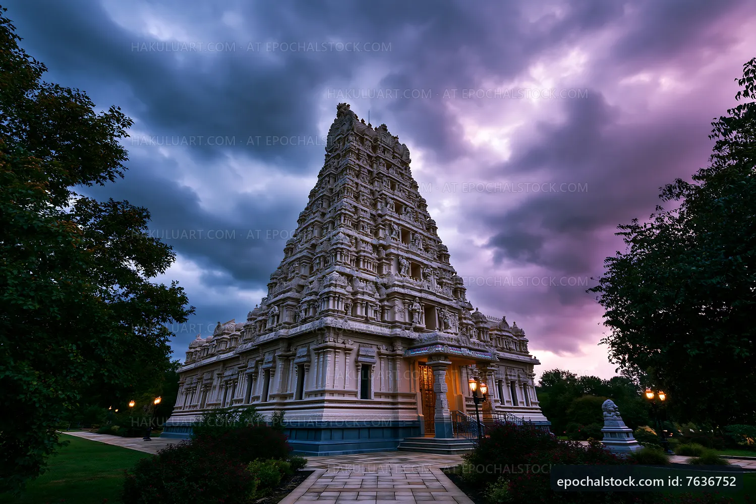 Temple structure under a cloudy sky with trees