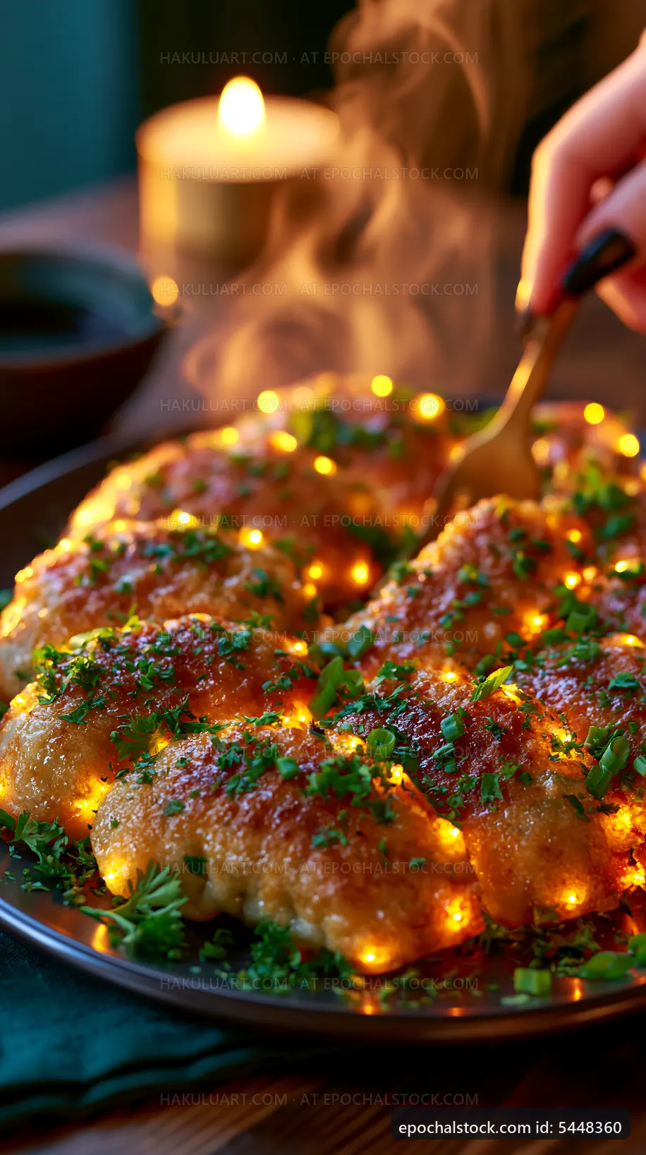 Warm dumplings topped with herbs on a wooden table