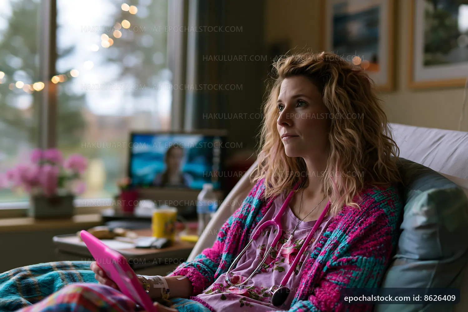 Woman sitting in hospital room with tablet